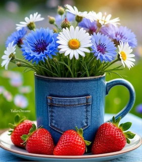 Bouquet of white daisies and blue cornflowers in a denim mug with strawberries on a plate