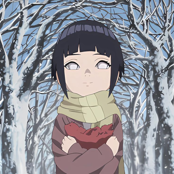 Anime girl with dark hair and pale eyes in yellow scarf standing in snowy forest
