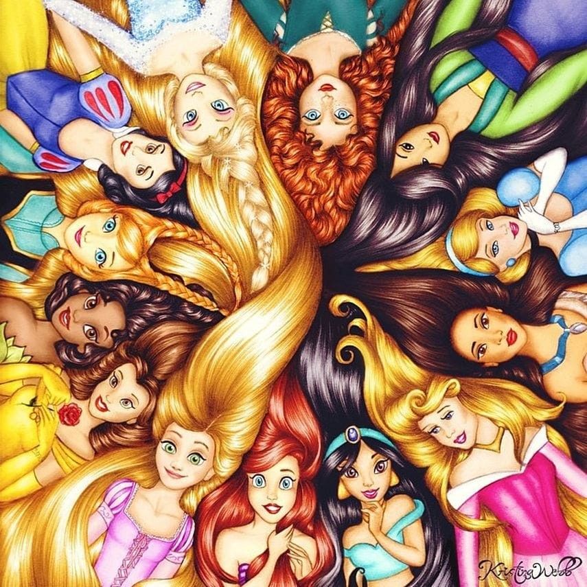 Circular illustration of Disney princesses arranged in radial pattern with colorful flowing hair from center outward