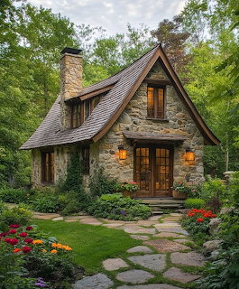 Stone cottage with timber accents, wooden door, garden path, flower beds, and trees