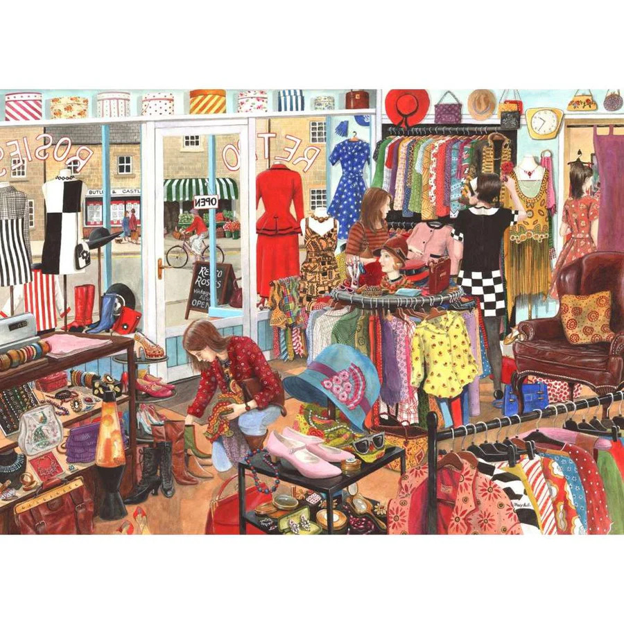 Detailed vintage clothing boutique interior with colorful dresses, racks, mannequins, and shoppers