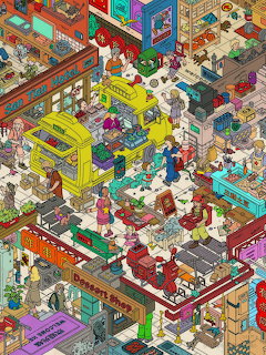 Isometric view of busy Asian market with shops, food stalls, and people