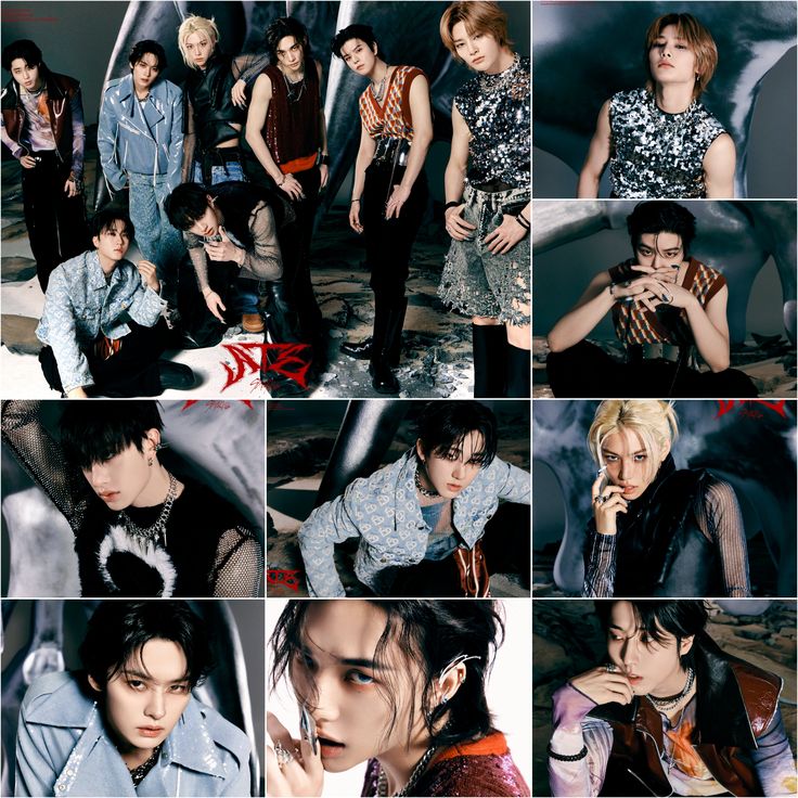 Photo grid collage showing Stray Kids K-pop group members in various poses with dramatic styling