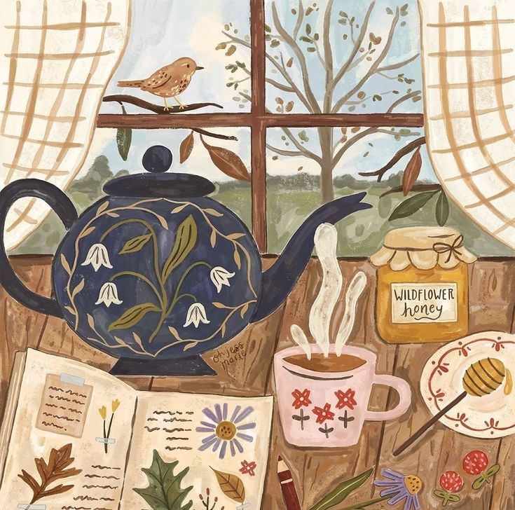 Illustrated tea setup by a window with floral teapot, pink mug, honey jar, bird, and open book