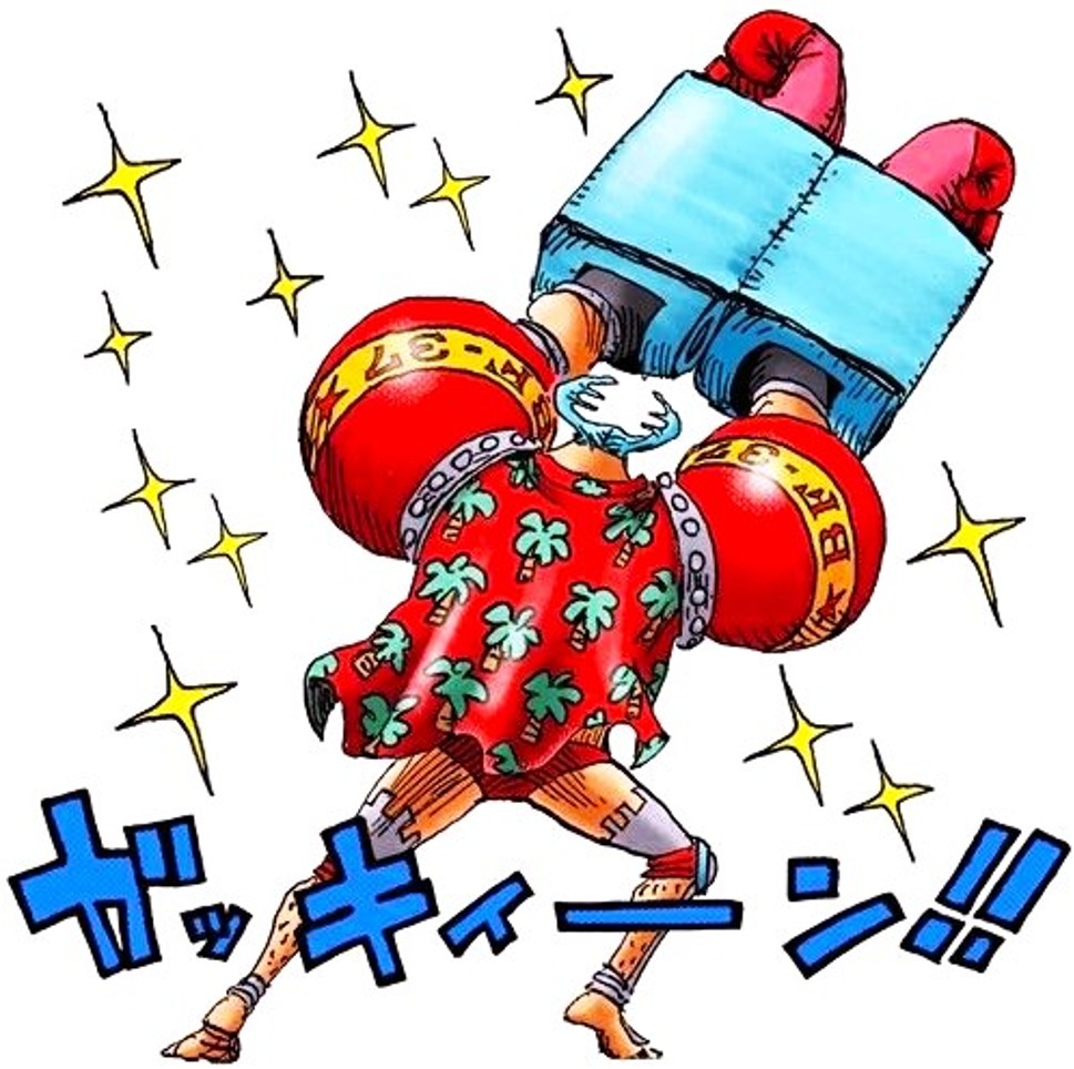 Franky from ONE PIECE anime in red patterned shirt with blue pompadour hair and robotic arms