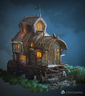 Fantasy vardo caravan with glowing windows and ornate dome at night