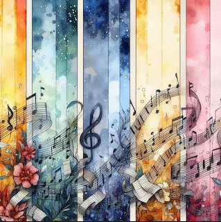 Watercolor painting of music notes and treble clefs on rainbow striped background with flowers