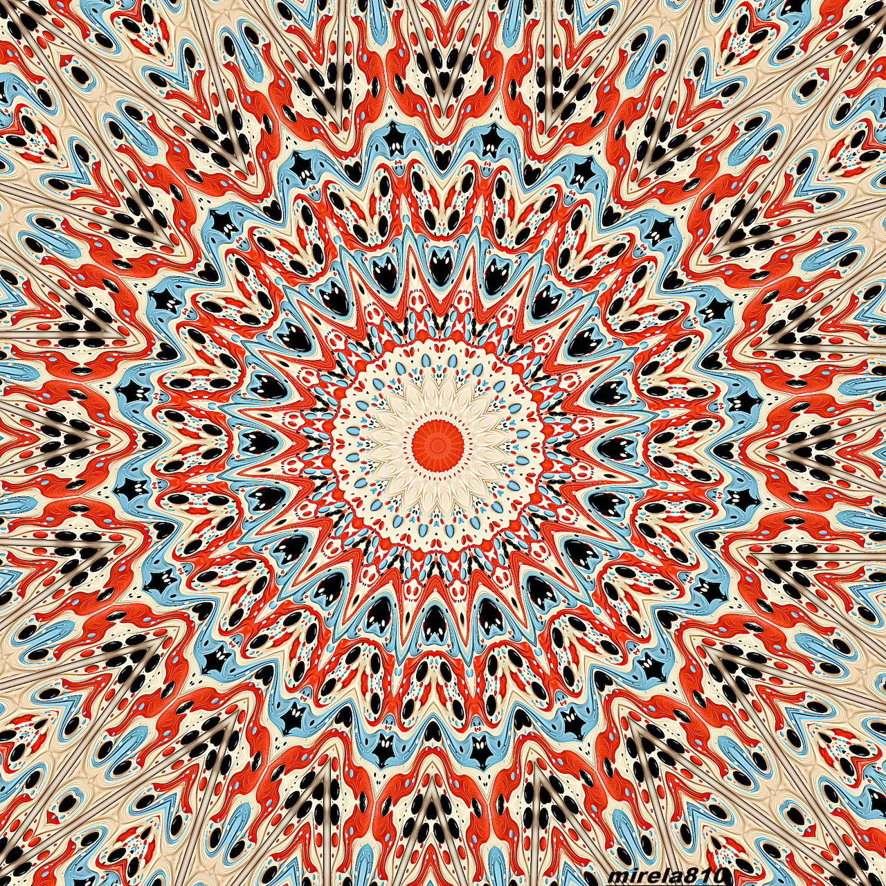 Detailed mandala with symmetrical geometric patterns radiating from center in orange, blue, and cream tones