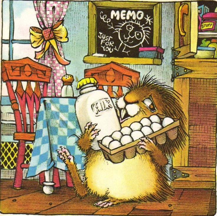 Cartoon hedgehog in a kitchen holding eggs and a bag of flour