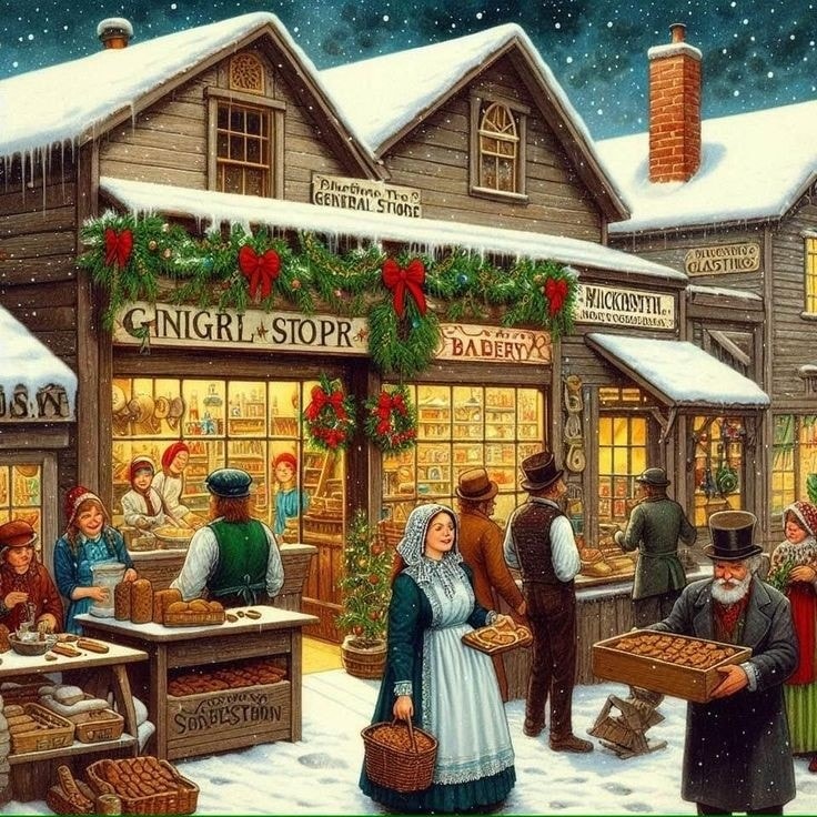 Snowy village street with shoppers outside a decorated general store and bakery