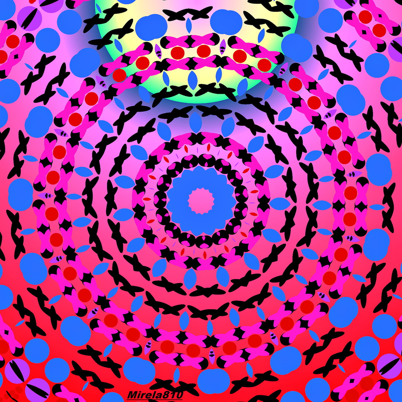 Bright pink and blue mandala with concentric repeating abstract shapes and black butterfly-like silhouettes