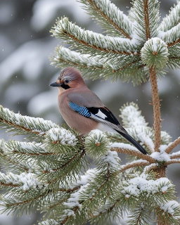 Eurasian jay perched on snow-covered pine branch in winter