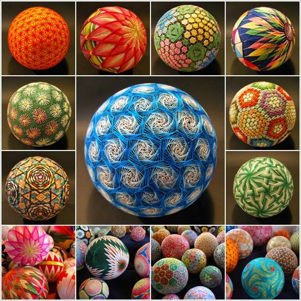 Collage of colorful handmade Japanese temari balls with intricate embroidered geometric patterns