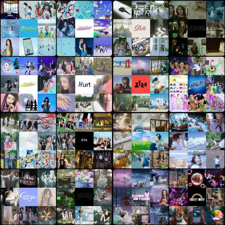 Grid collage of many NewJeans K-pop group photos, album covers, and music video screenshots