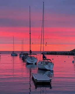 Several sailboats mored in a harbor under a vibrant pink and purple sunset sky