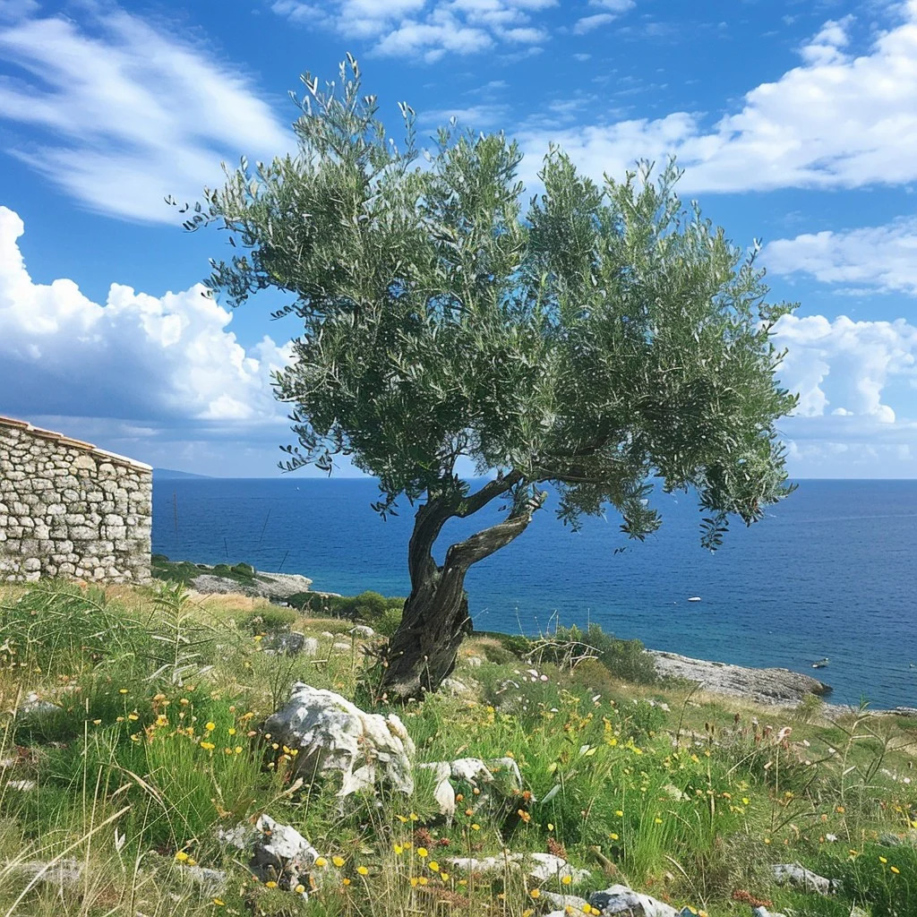 Old olive tree on a grassy coastal hillside with blue sea, clouds, and a stone wall