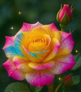 Colorful rose with yellow, pink, and blue petals with water droplets and a pink rosebud