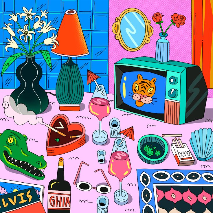 Colorful cartoon messy room with a TV, lamp, flowers, drinks, and scattered objects