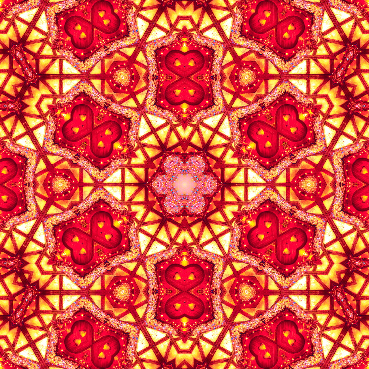 Red and gold kaleidoscope pattern with repeating geometric floral shapes