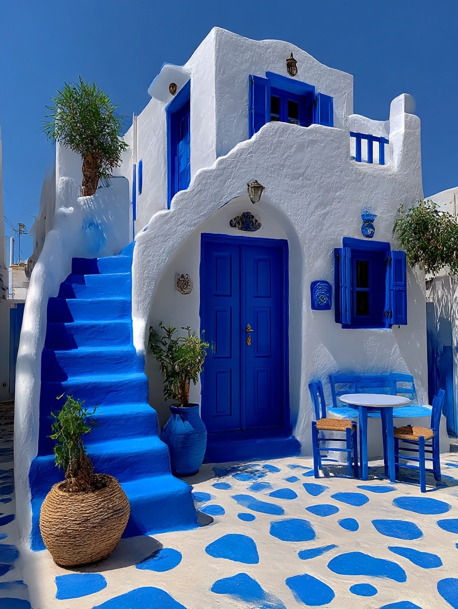 White Greek island building with blue doors, stairs, windows and patterned tile courtyard