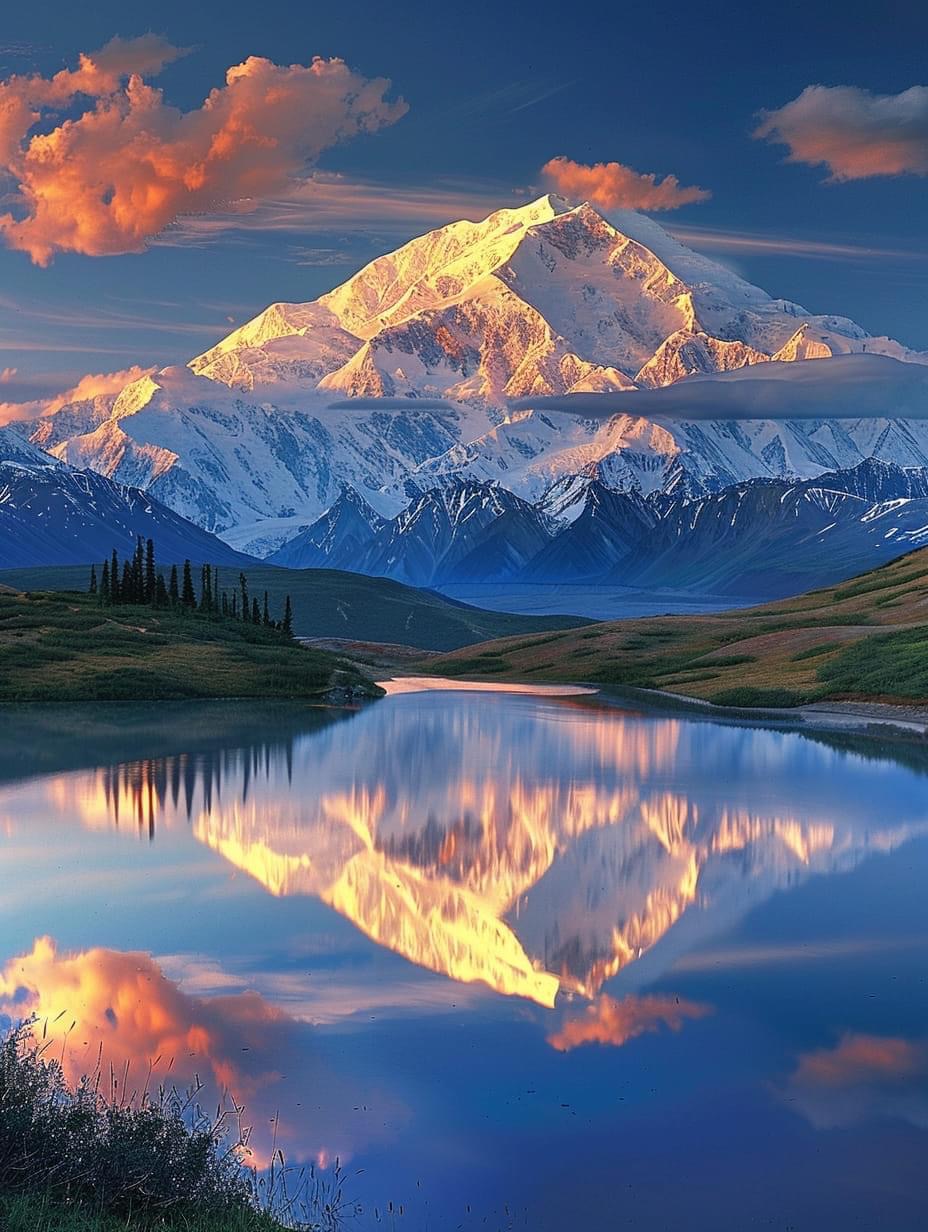 Snow-capped mountain peak reflected perfectly in still lake water at golden hour with pink clouds and forest