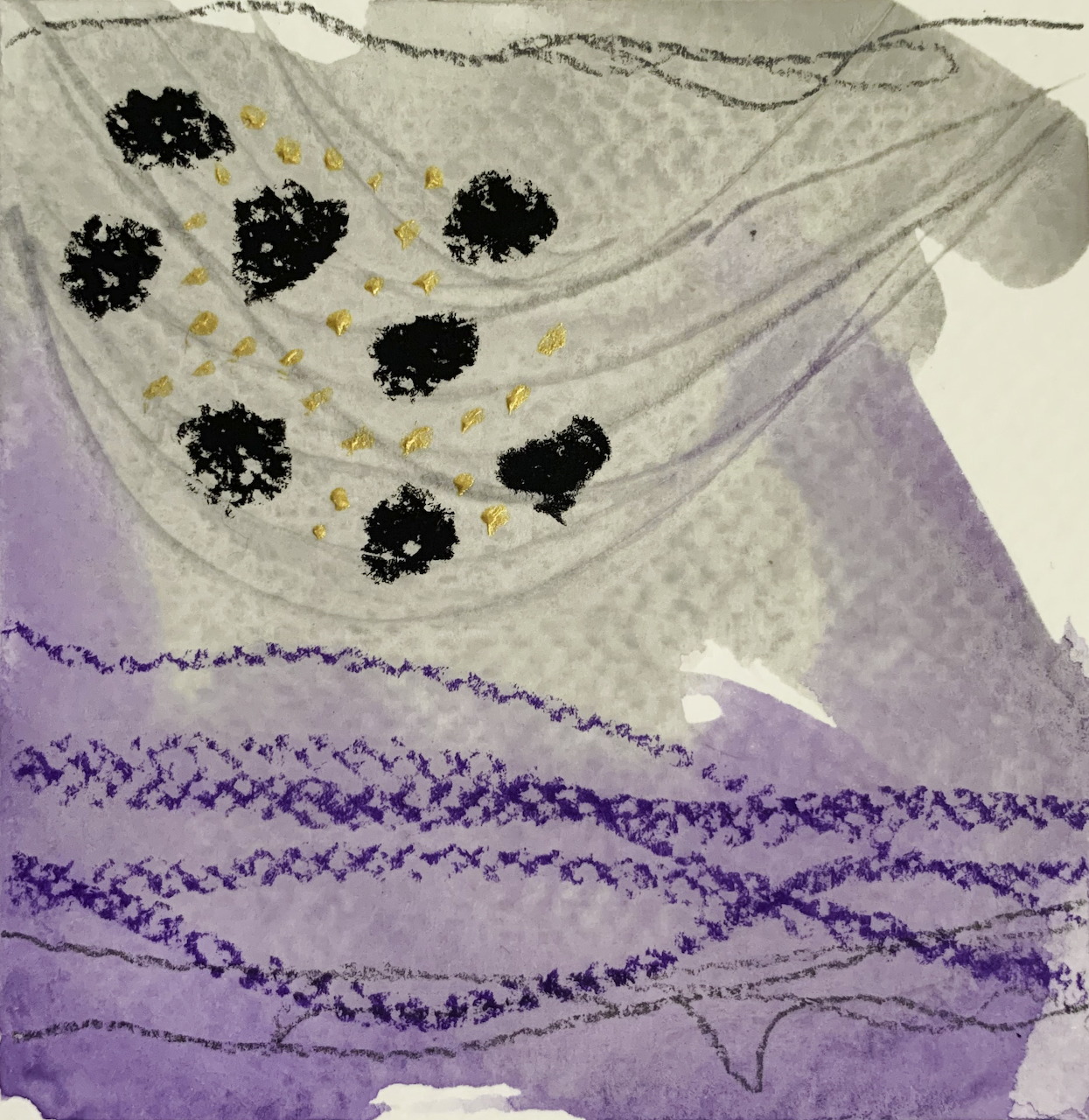 Abstract watercolor painting with purple brushstrokes, black clustered dots, and fine textured lines