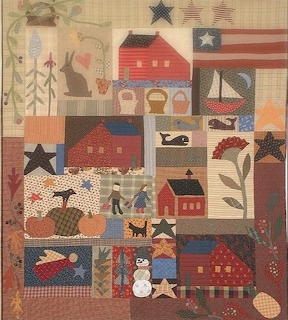 Patchwork quilt with country scenes including red barns, stars, animals, and Americana designs