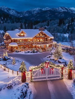 Illuminated log cabin with Christmas lights in snowy mountain landscape at twilight