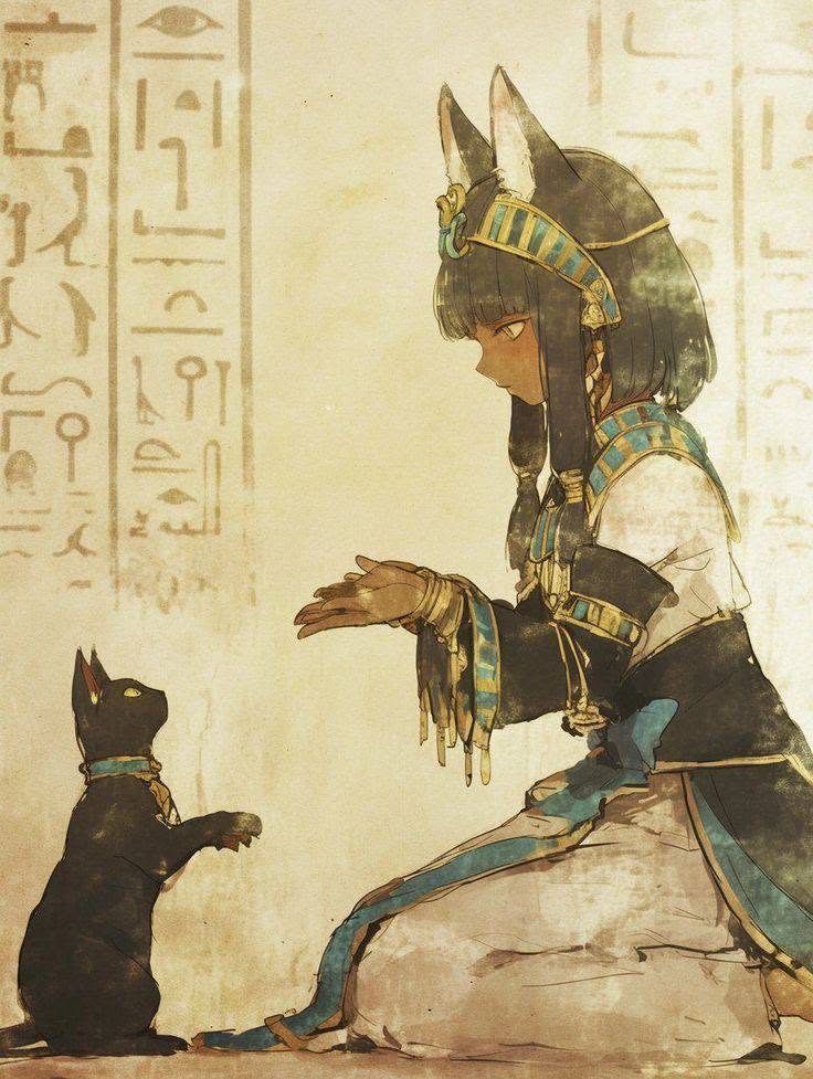 Egyptian woman in golden headdress with black cat beside hieroglyphic wall
