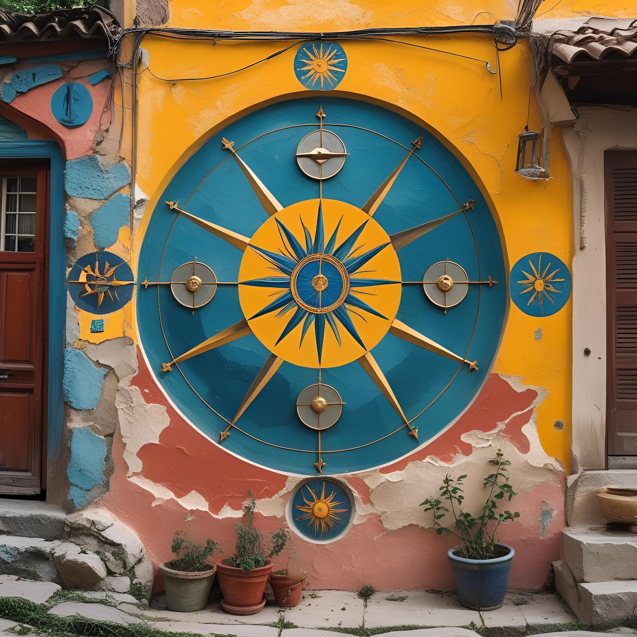 Colorful house facade with a large painted sundial mural and potted plants