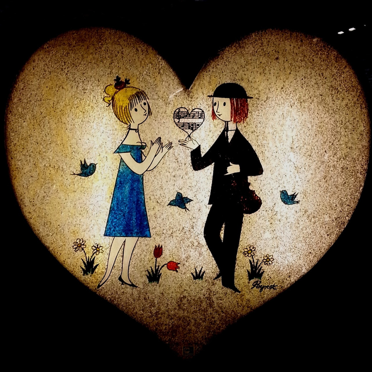 Vintage illustration of a man and woman standing inside a glowing heart shape