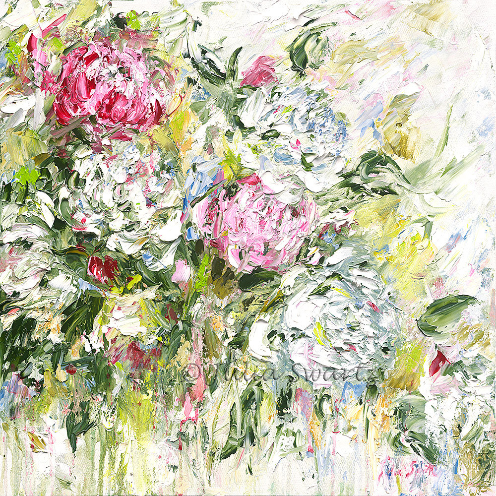 Impressionist painting of pink and white peonies with green leaves and textured brushwork