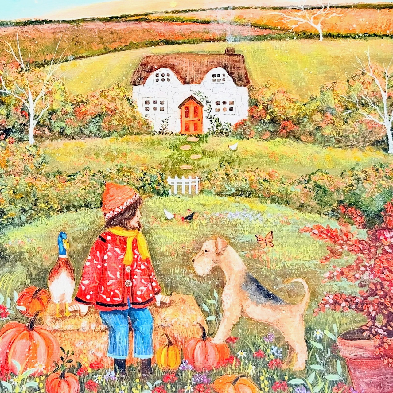 Girl with a terrier and duck near pumpkins and a white cottage in an autumn folk art scene.
