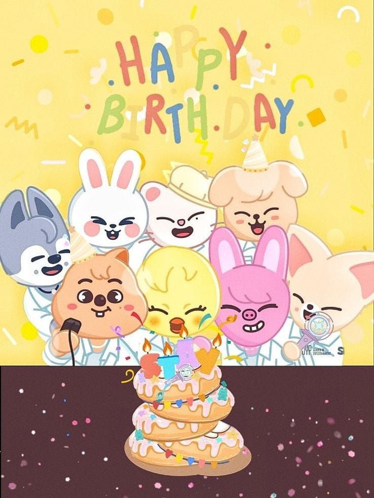 Cartoon animal characters gathered around a birthday cake with Happy Birthday text and confetti