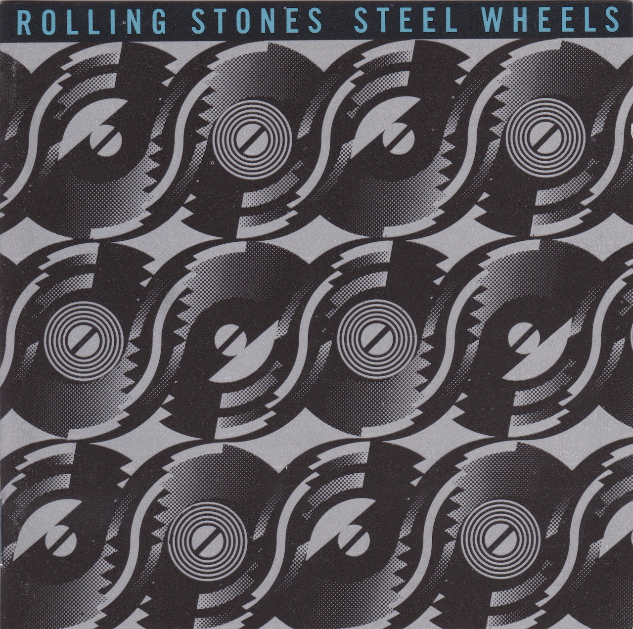 The Rolling Stones Steel Wheels album cover with repeating metallic wheel designs and title text at the top