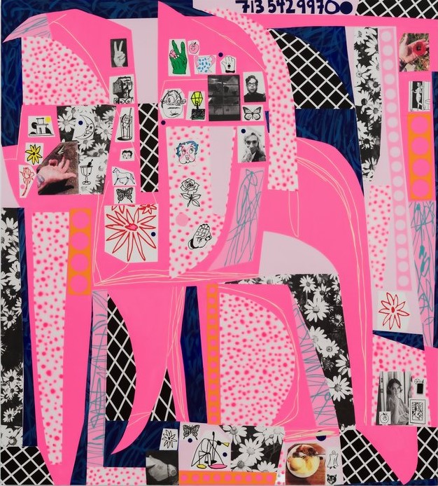 Abstract collage with large pink letters, geometric patterns, vintage photos, and floral motifs on dark background