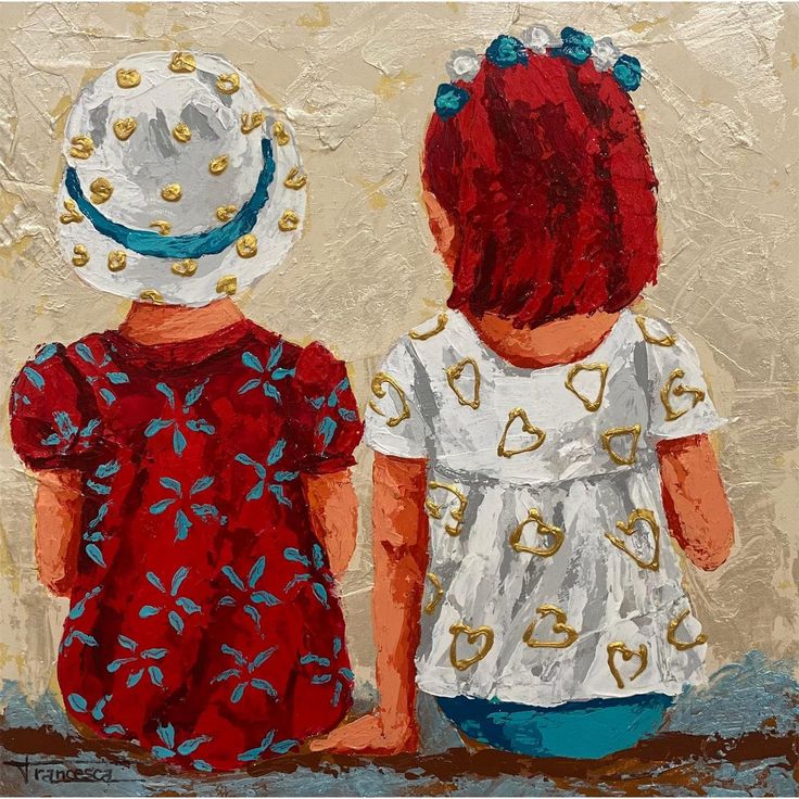 Oil painting of two children from behind wearing sun hats sitting on beach sand