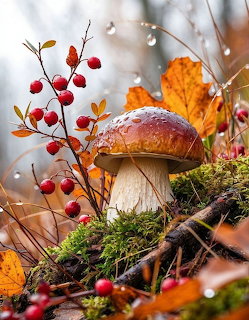 Brown mushroom on moss with red berries and autumn leaves in forest