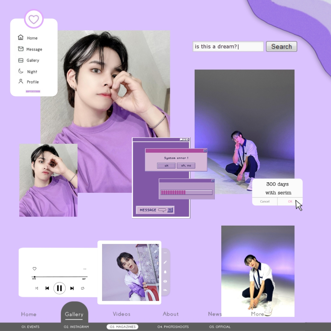 Purple-themed digital collage with portrait photos, UI elements, and music player on lavender background