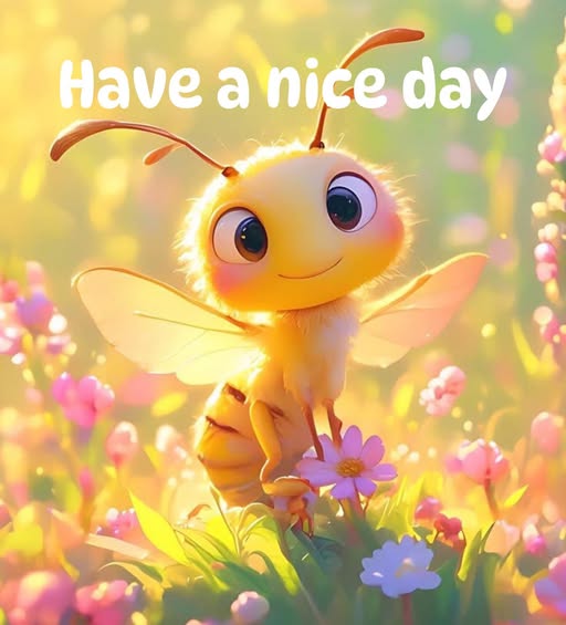 Cute smiling cartoon bee in a sunny flower meadow with 'Have a nice day' text