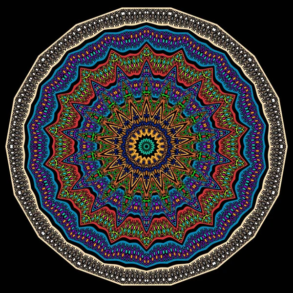 Detailed circular mandala with colorful geometric patterns and ornate border on black background