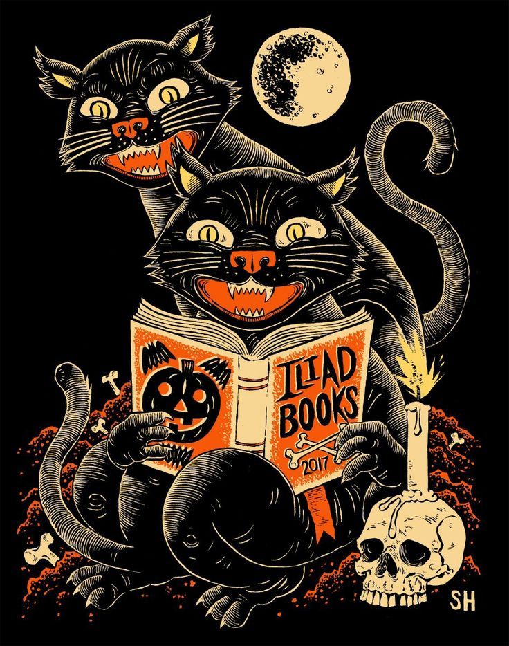 Grinning black cats reading an orange book beside a candle and skull under a full moon.