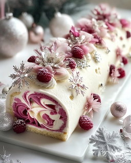 Decorated raspberry roll cake with white frosting, fresh berries, and silver snowflake ornaments