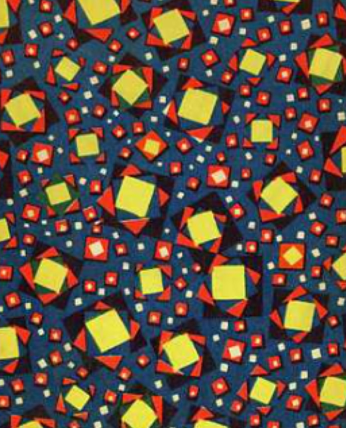 Abstract pattern of yellow squares and red dots on dark blue background