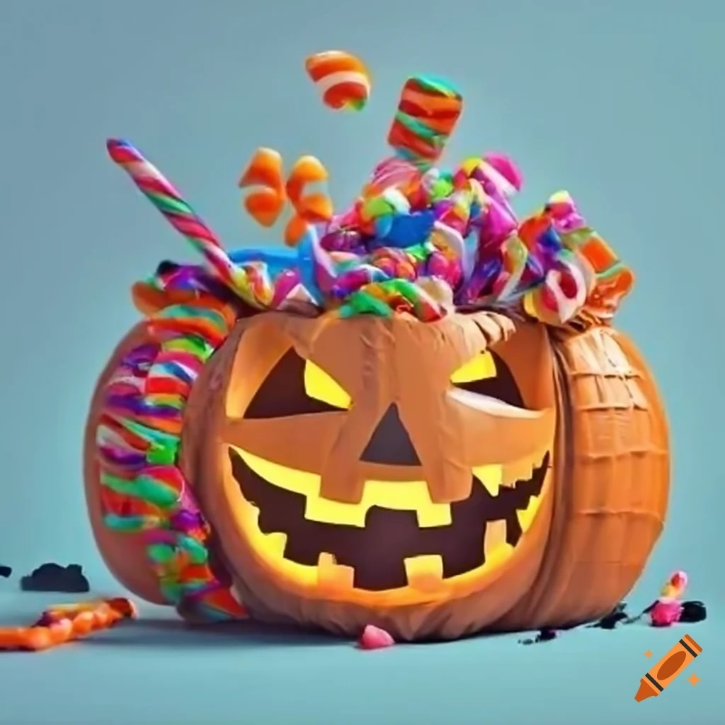 Glowing jack-o-lantern pumpkin overflowing with assorted colorful Halloween candy and treats