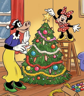Minnie Mouse and a cow decorate a Christmas tree in a cartoon room