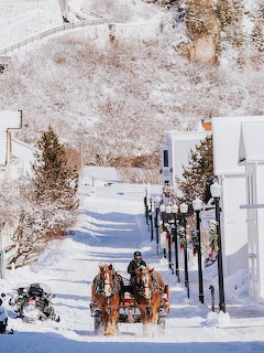 Horse-drawn carriage on snowy street with lampposts and evergreens on winter hillside