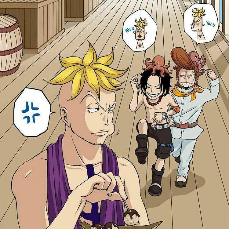 Three One Piece anime characters on wooden deck with thought bubbles