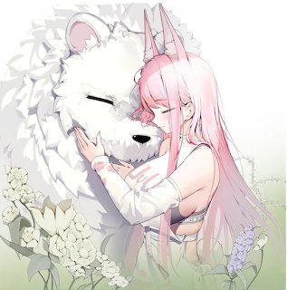 Anime girl with pink hair hugging a fluffy white lion-like creature in a bed of flowers