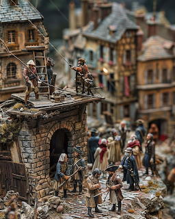 Detailed miniature diorama of a medieval village with small figurines and stone buildings